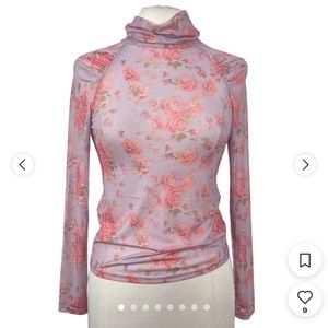 Free People Women's Pink and Purple Sheer Mock Neck Blouse
